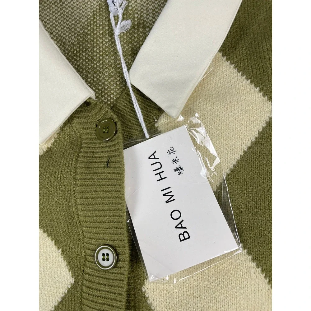 Bao Mi Hua Argyle Knit Cropped Cardigan Vest‎ & White Shirt Set Green Cream NEW